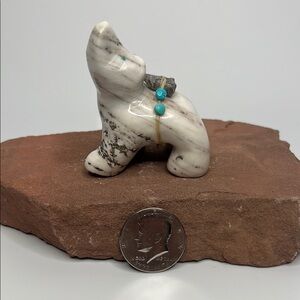 White magnesite Stone Bear Figurine with Turquoise Accents